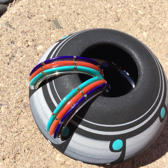 Vintage Native American - Turquoise, Coral & Lapis - Hoop Earrings - Picture 1 of 16